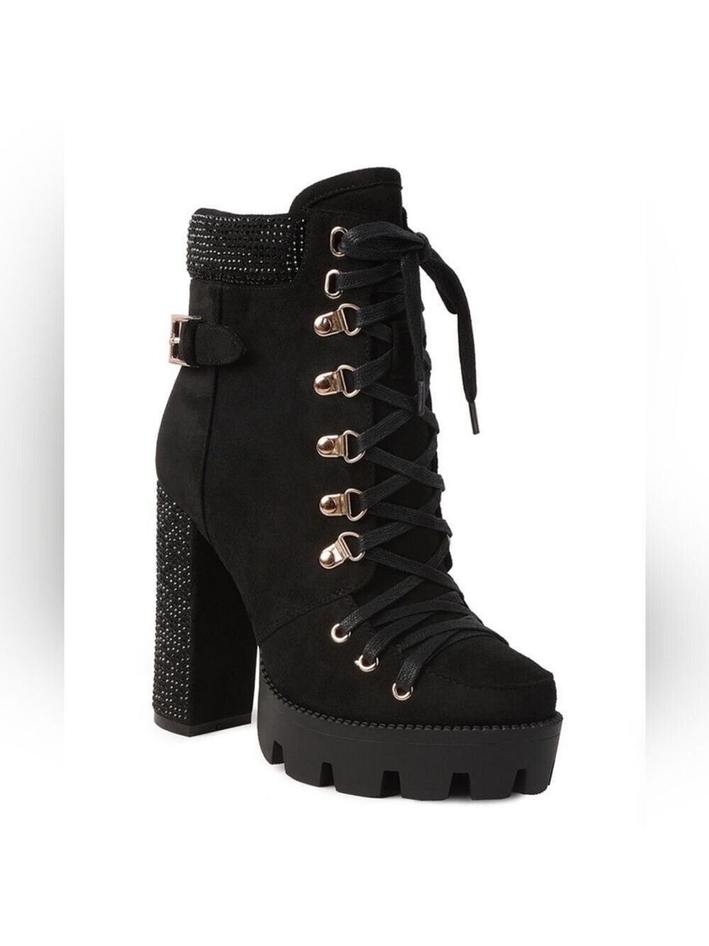 Black Lace-Up Platform Birch Diamante Block Heeled Ankle Boots Womens 8 -8.5